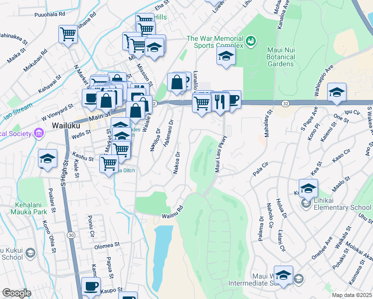 map of restaurants, bars, coffee shops, grocery stores, and more near 108 Keoneloa Street in Wailuku