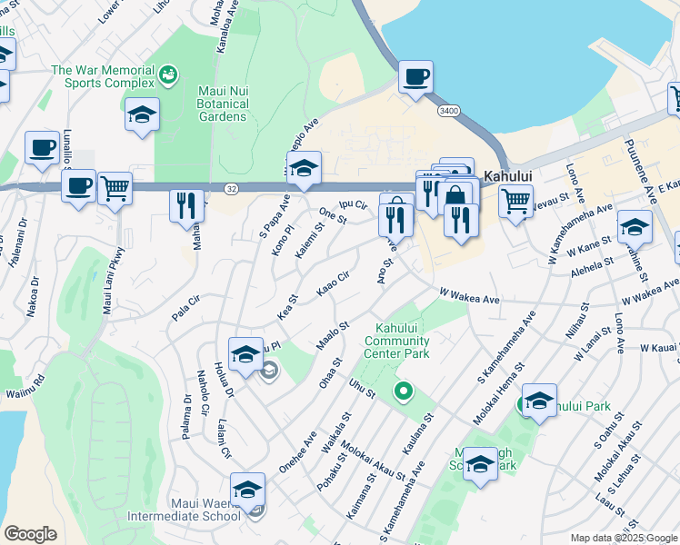 map of restaurants, bars, coffee shops, grocery stores, and more near 450 Kaao Circle in Kahului