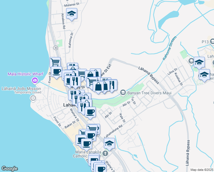 map of restaurants, bars, coffee shops, grocery stores, and more near 151 Kupuohi Street in Lahaina