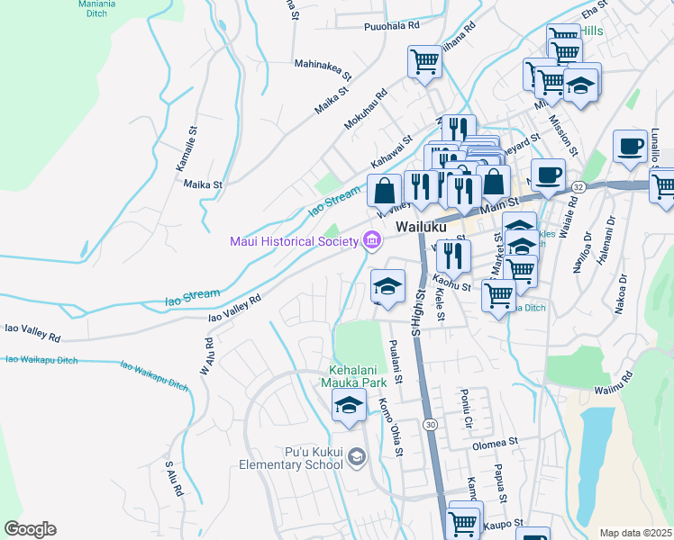 map of restaurants, bars, coffee shops, grocery stores, and more near 143 Eulu Street in Wailuku