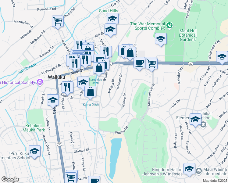 map of restaurants, bars, coffee shops, grocery stores, and more near 261 Halenani Drive in Wailuku