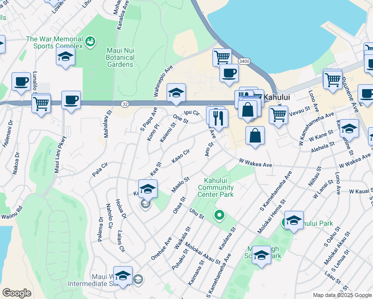 map of restaurants, bars, coffee shops, grocery stores, and more near 450 Kaao Circle in Kahului