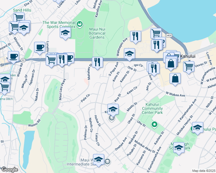map of restaurants, bars, coffee shops, grocery stores, and more near 147 South Papa Avenue in Kahului