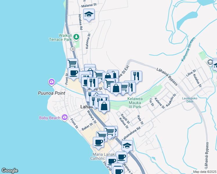 map of restaurants, bars, coffee shops, grocery stores, and more near 310 Kahoma Village Loop in Lahaina