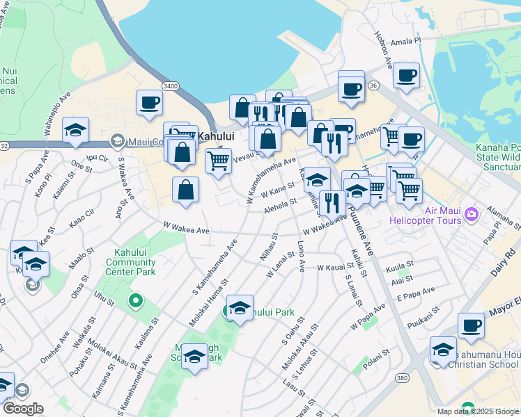 map of restaurants, bars, coffee shops, grocery stores, and more near 197 Molokai Hema Street in Kahului