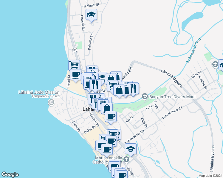 map of restaurants, bars, coffee shops, grocery stores, and more near 41 Kupuohi Street in Lahaina