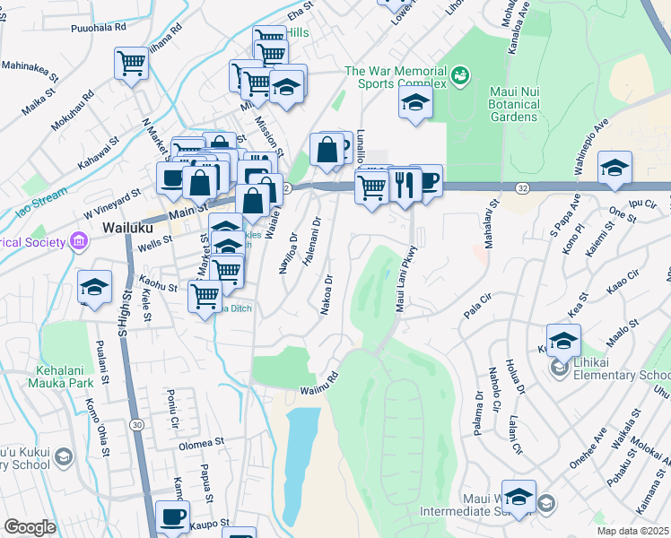 map of restaurants, bars, coffee shops, grocery stores, and more near 114 Nakoa Drive in Wailuku