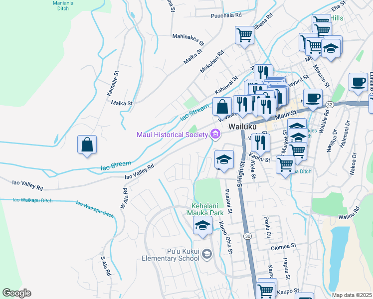 map of restaurants, bars, coffee shops, grocery stores, and more near 2555 Main Street in Wailuku