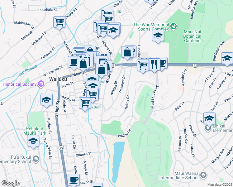 map of restaurants, bars, coffee shops, grocery stores, and more near 261 Halenani Drive in Wailuku
