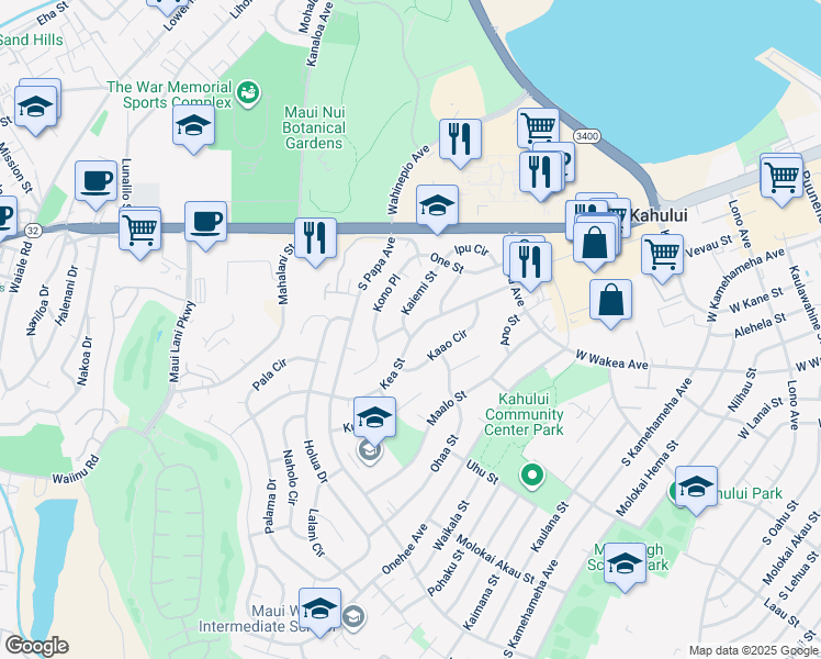 map of restaurants, bars, coffee shops, grocery stores, and more near 512 Kea Street in Kahului