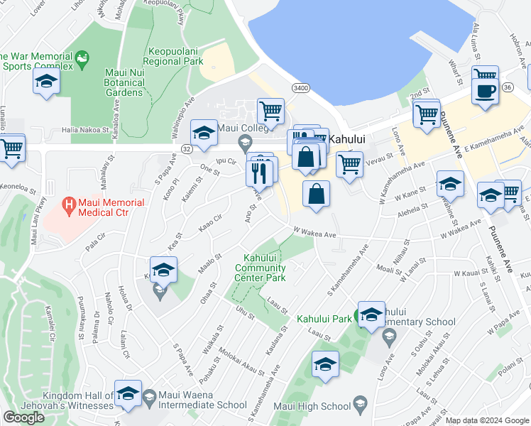 map of restaurants, bars, coffee shops, grocery stores, and more near 126 South Wakea Avenue in Kahului