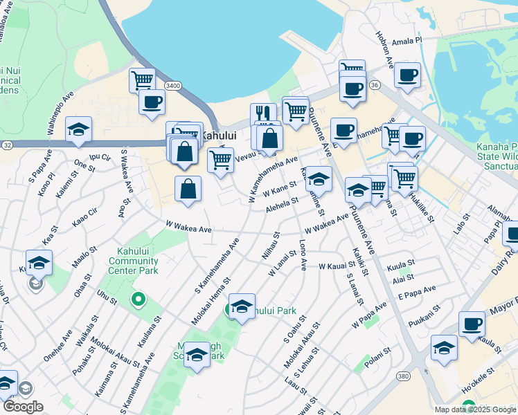 map of restaurants, bars, coffee shops, grocery stores, and more near 186 Alehela Street in Kahului