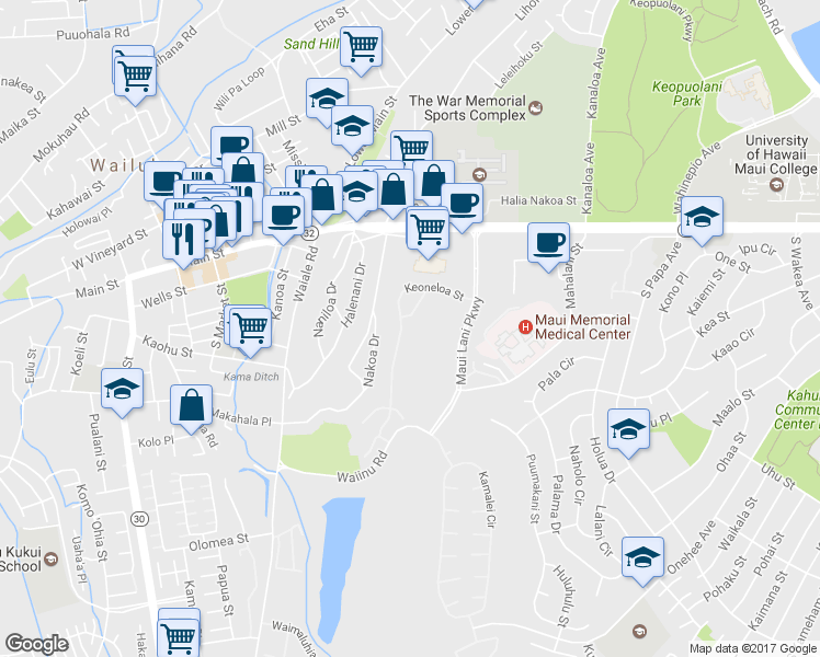 map of restaurants, bars, coffee shops, grocery stores, and more near 105 Keoneloa Street in Wailuku