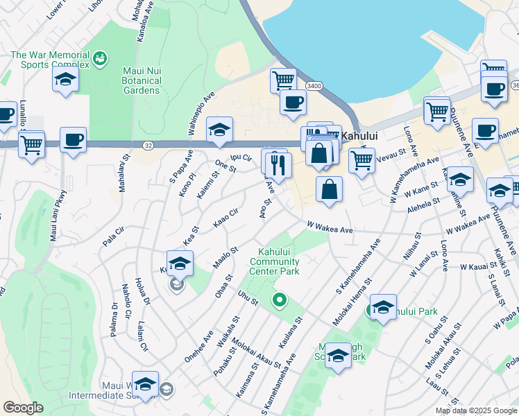 map of restaurants, bars, coffee shops, grocery stores, and more near 400 Ano Street in Kahului