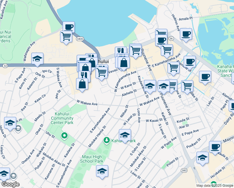 map of restaurants, bars, coffee shops, grocery stores, and more near 261 West Kamehameha Avenue in Kahului