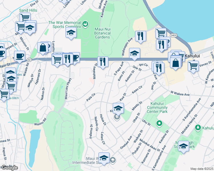 map of restaurants, bars, coffee shops, grocery stores, and more near 151 Holua Drive in Kahului