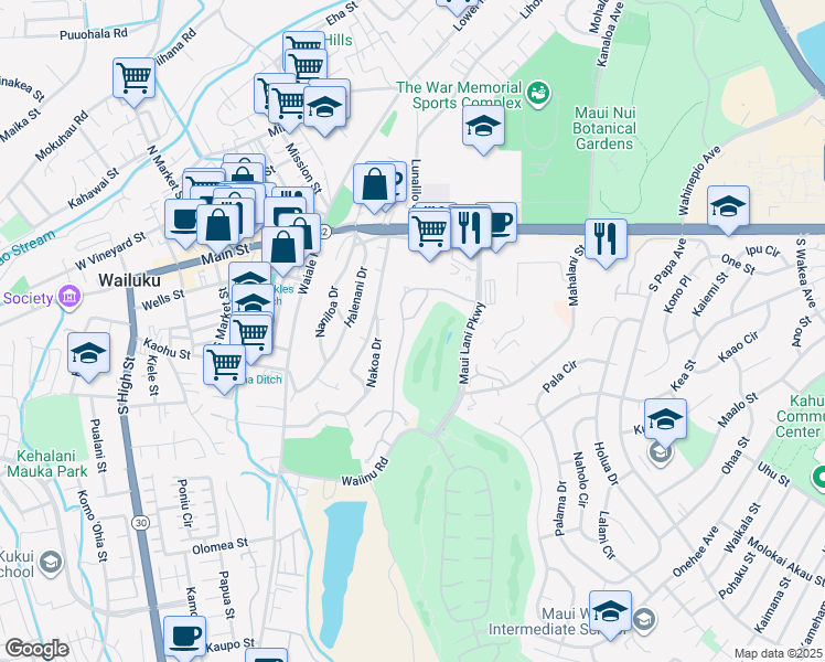 map of restaurants, bars, coffee shops, grocery stores, and more near 105 Keoneloa Street in Wailuku