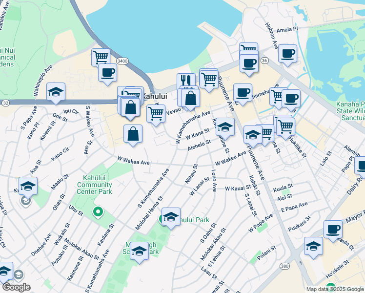 map of restaurants, bars, coffee shops, grocery stores, and more near 186 Alehela Street in Kahului