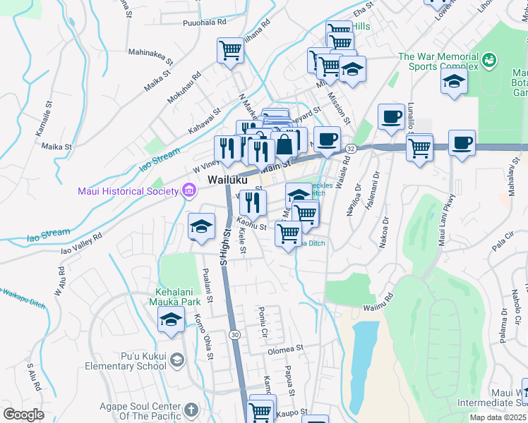 map of restaurants, bars, coffee shops, grocery stores, and more near 2108 Kaohu Street in Wailuku