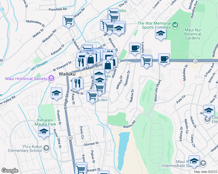 map of restaurants, bars, coffee shops, grocery stores, and more near 239 Waiale Road in Wailuku