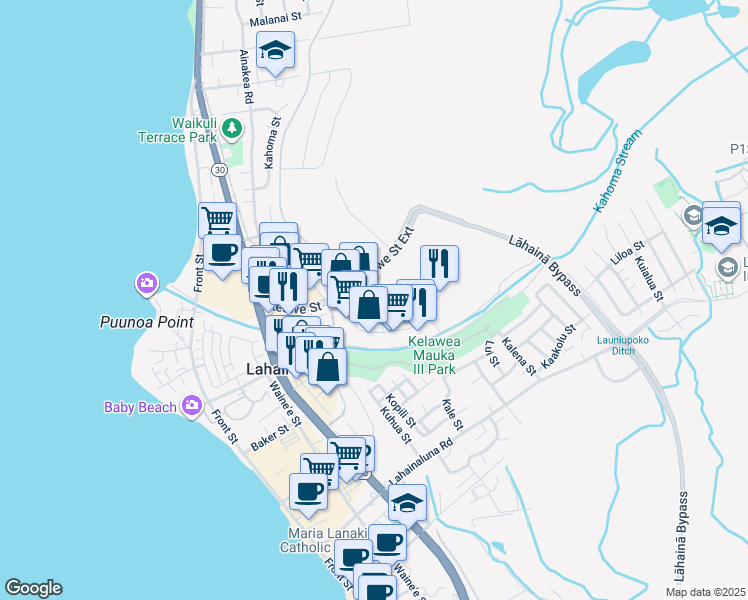 map of restaurants, bars, coffee shops, grocery stores, and more near 60 Ulupono Street in Lahaina