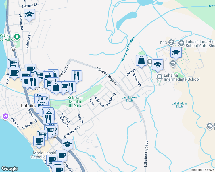 map of restaurants, bars, coffee shops, grocery stores, and more near 892 Kanakea Loop in Lahaina