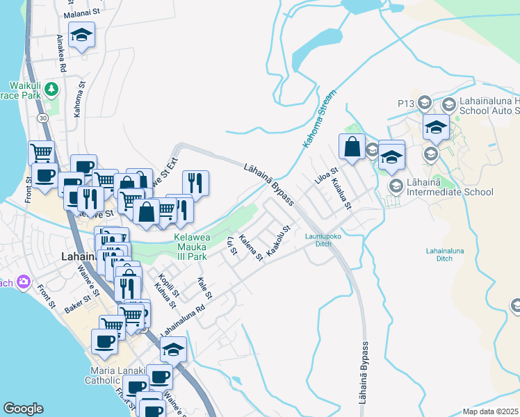 map of restaurants, bars, coffee shops, grocery stores, and more near 897 Kanakea Loop in Lahaina