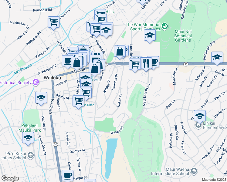 map of restaurants, bars, coffee shops, grocery stores, and more near 252 Halenani Drive in Wailuku