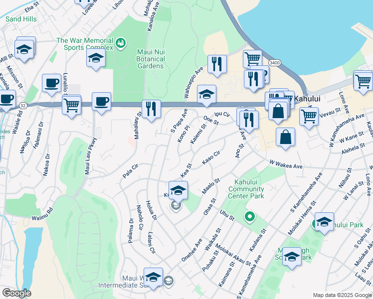 map of restaurants, bars, coffee shops, grocery stores, and more near 522 Niau Street in Kahului
