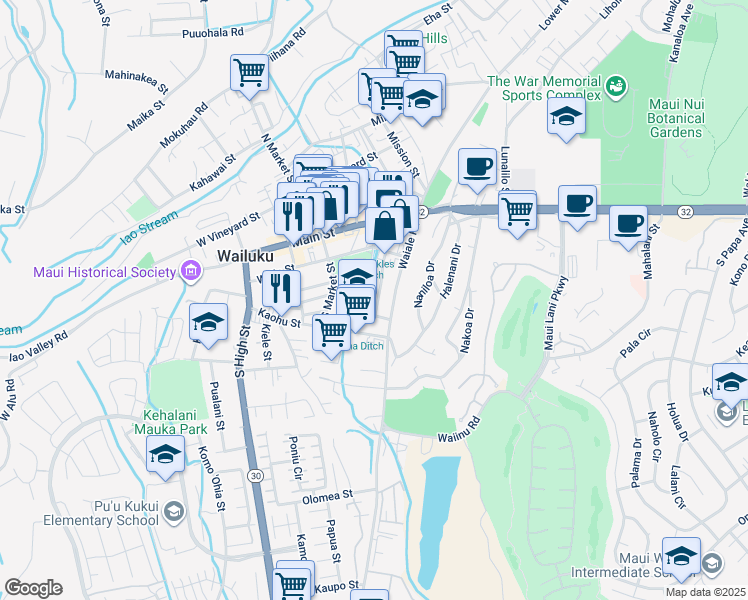 map of restaurants, bars, coffee shops, grocery stores, and more near 1831 Pikale Place in Wailuku