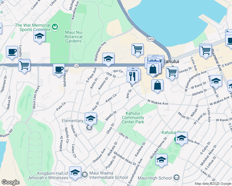 map of restaurants, bars, coffee shops, grocery stores, and more near 444 Kaao Circle in Kahului
