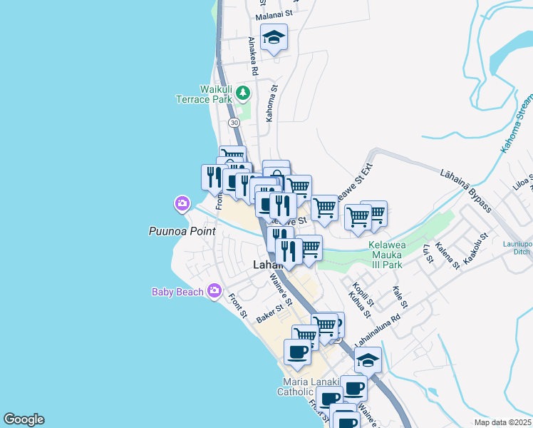 map of restaurants, bars, coffee shops, grocery stores, and more near 82 Kahoma Village Loop in Lahaina