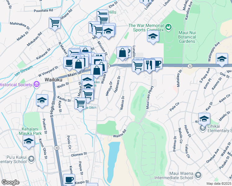 map of restaurants, bars, coffee shops, grocery stores, and more near 252 Halenani Drive in Wailuku