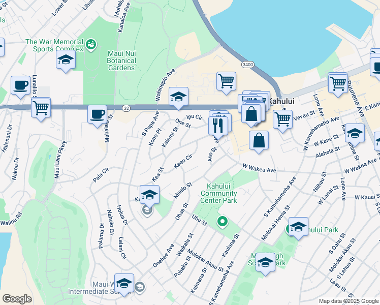 map of restaurants, bars, coffee shops, grocery stores, and more near 444 Kaao Circle in Kahului