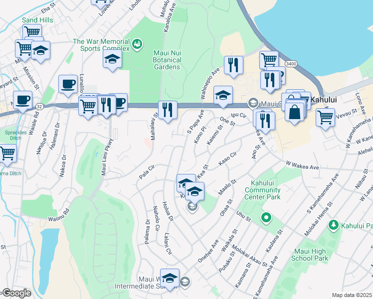map of restaurants, bars, coffee shops, grocery stores, and more near 139 South Papa Avenue in Kahului