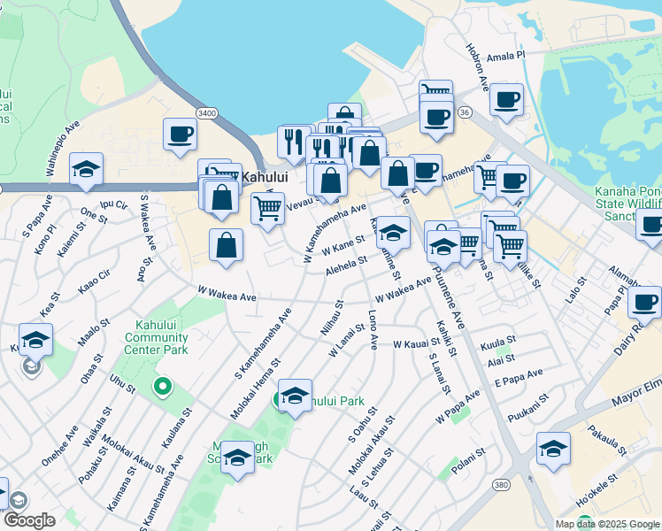 map of restaurants, bars, coffee shops, grocery stores, and more near 160 Alehela Street in Kahului