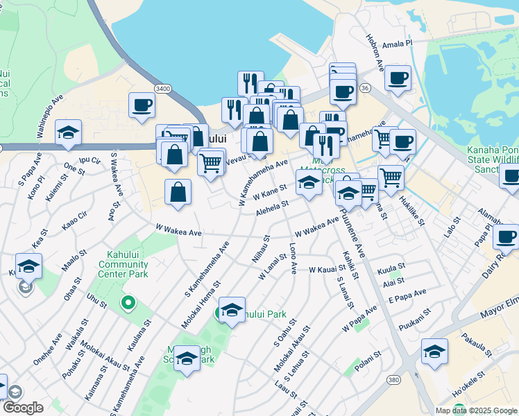 map of restaurants, bars, coffee shops, grocery stores, and more near 160 Alehela Street in Kahului