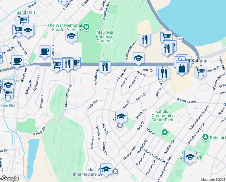 map of restaurants, bars, coffee shops, grocery stores, and more near 144 South Papa Avenue in Kahului