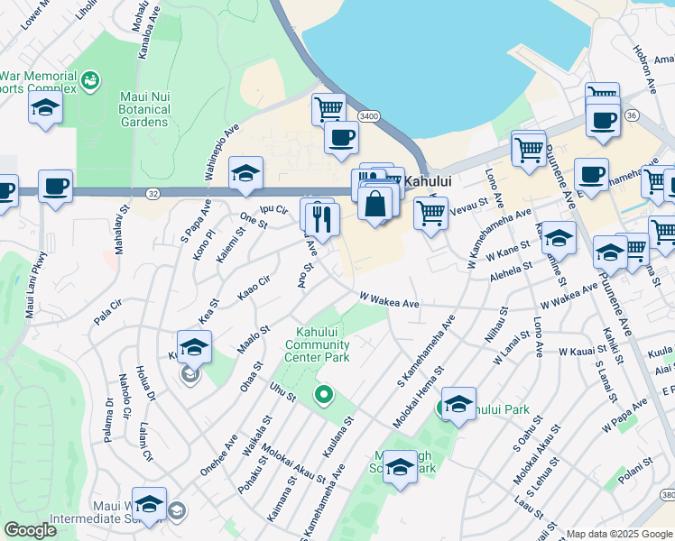 map of restaurants, bars, coffee shops, grocery stores, and more near 135 West Wakea Avenue in Kahului