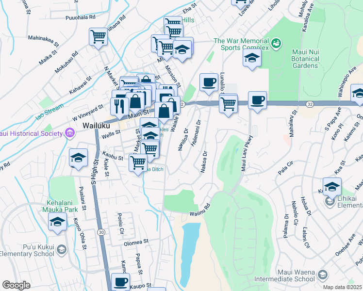 map of restaurants, bars, coffee shops, grocery stores, and more near 240 Naniloa Drive in Wailuku