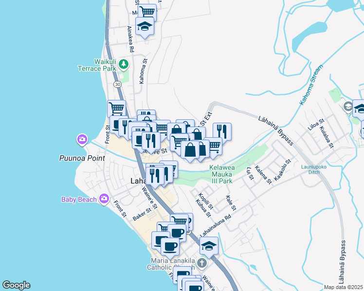 map of restaurants, bars, coffee shops, grocery stores, and more near 11 Ulupono Street in Lahaina
