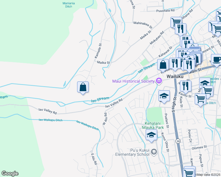 map of restaurants, bars, coffee shops, grocery stores, and more near 2547 Mokuhau Road in Wailuku