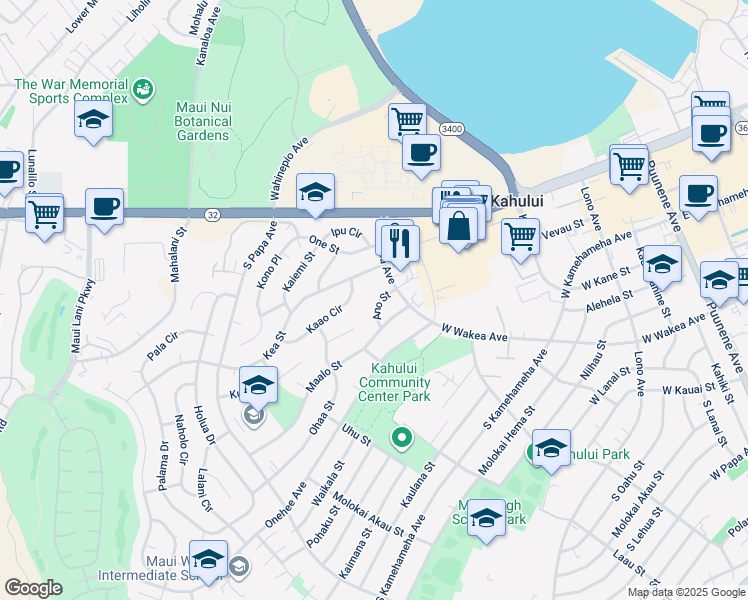 map of restaurants, bars, coffee shops, grocery stores, and more near 394 Ano Street in Kahului
