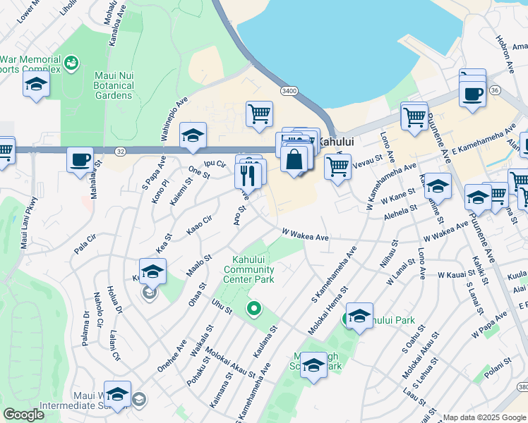 map of restaurants, bars, coffee shops, grocery stores, and more near 135 South Wakea Avenue in Kahului