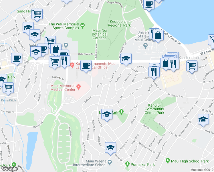 map of restaurants, bars, coffee shops, grocery stores, and more near 144 South Papa Avenue in Kahului