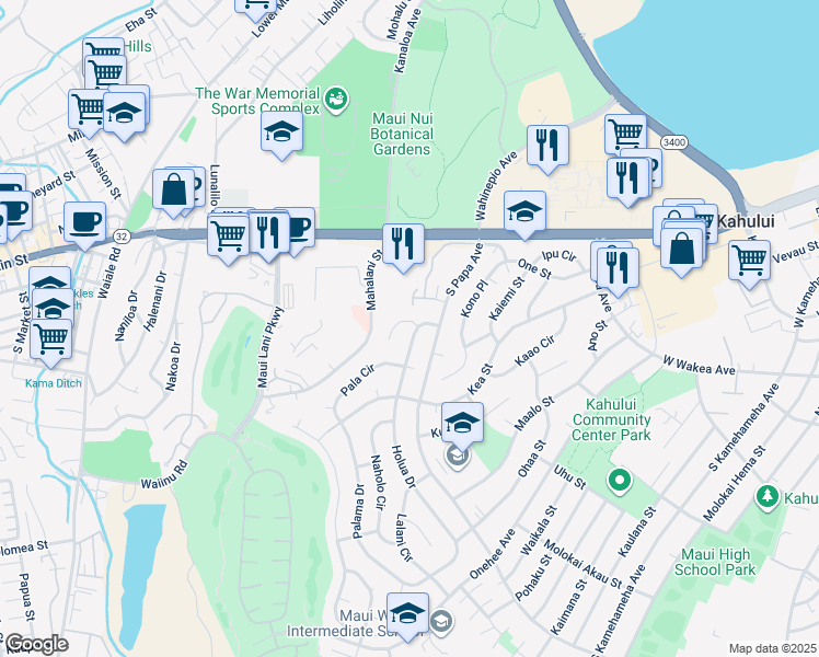 map of restaurants, bars, coffee shops, grocery stores, and more near 309 Hilu Place in Kahului