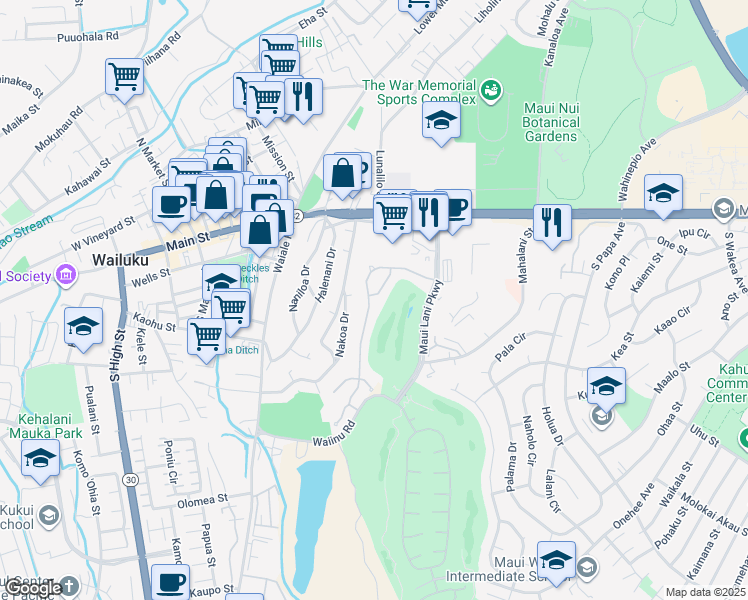 map of restaurants, bars, coffee shops, grocery stores, and more near 101 Kamakoa Loop in Wailuku