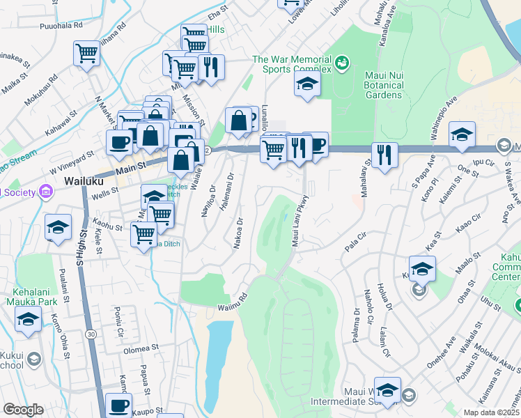 map of restaurants, bars, coffee shops, grocery stores, and more near 101 Kamakoa Loop in Wailuku