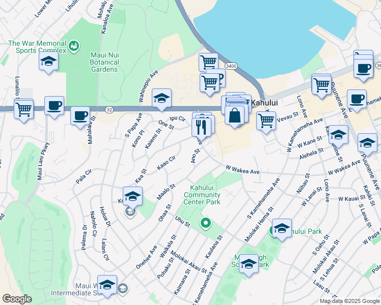 map of restaurants, bars, coffee shops, grocery stores, and more near 394 Ano Street in Kahului