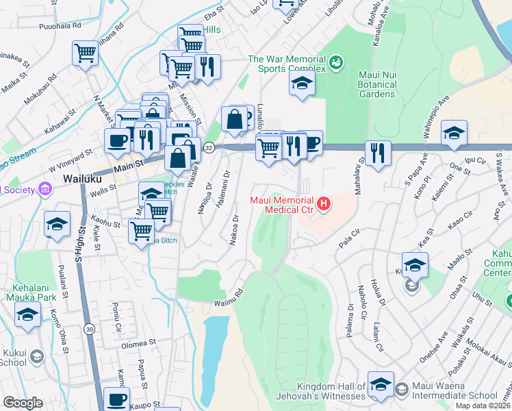 map of restaurants, bars, coffee shops, grocery stores, and more near 101 Kamakoa Loop in Wailuku